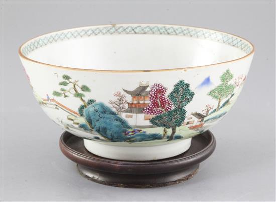 A Chinese famille rose landscape bowl, Qianlong period, diameter 20.2cm, rim crack